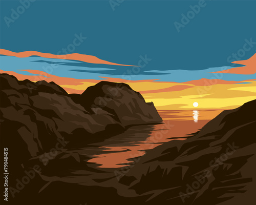 Beautiful tranquil coasta sunsetl landscape with hilla and rocks photo