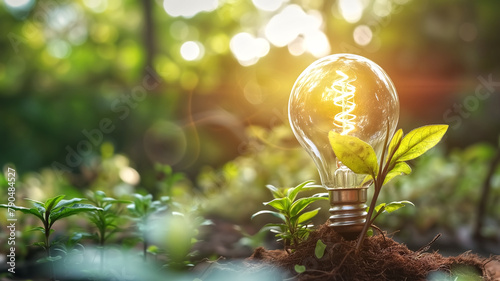 Light bulb with glowing filament and green leaves in soil, symbolizing renewable energy and eco-friendly technology concept. 