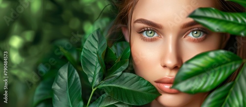An extreme close-up of a woman's mesmerizing emerald eyes as she holds a delicate leaf in her hand