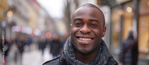 A happy man wearing a scarf and beanie is standing on a lively city street, surrounded by tall buildings and bustling urban life