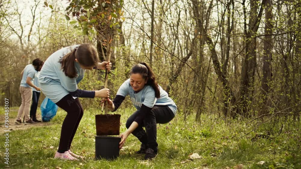 Mother and daughter team up to plant new trees in the woods, protecting the natural habitat and ecosystem. Family of activists fighting nature conservation, digging holes for seedlings. Camera B.