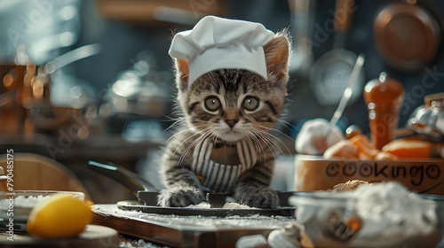 Funny cat chef cooking in kitchen  adorable cute kitten in chef hat and apron prepare a meal with ingredient  pet animal in costume joke message greeting card blogging concept