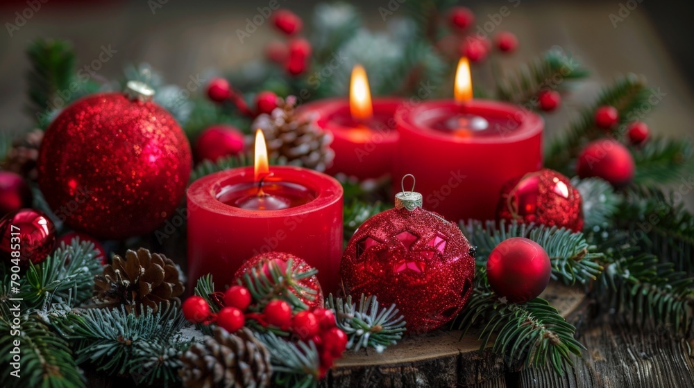 Candles flicker in festive wreath with pine cones and baubles Candles flicker in festive wreath with pine cones and baubles