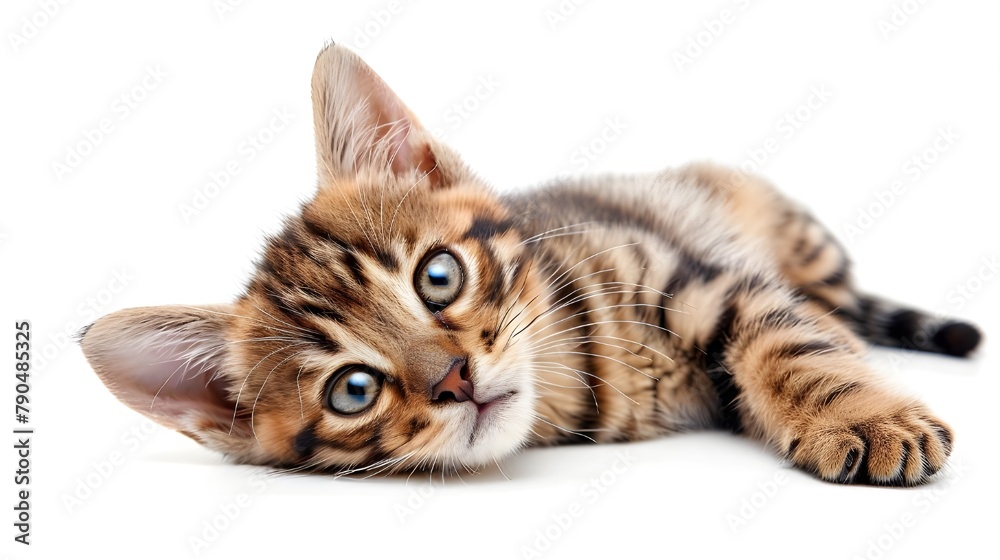 Curious kitten looking at camera, adorable toyger cat with funny face big eyes, emotional surprised kitty. Isolated on white background. 