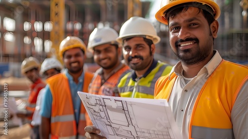 Happy indian construction workers or engineers at constraction site, group of cheerful smiling man with supervisor in white construction industry.