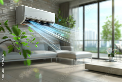 Modern air conditioner in a living room interior with sofa.