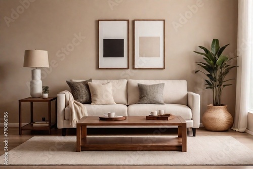 Warm minimalist living room interior with a comfortable sofa, brown wall, coffee table, and minimal decorative frames in a perfect composition.