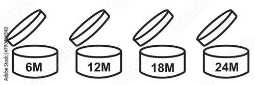 PAO icons set. Abstract isolated line symbols collection, period after and open for package of cosmetics, makeup and cream, validity period of life product in months. Vector illustration. eps 10