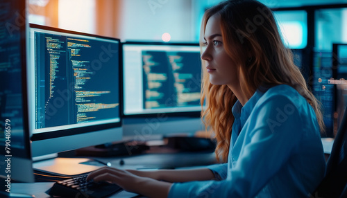 Tech Workspace: Female Engineer Writing Code on Desktop Computer