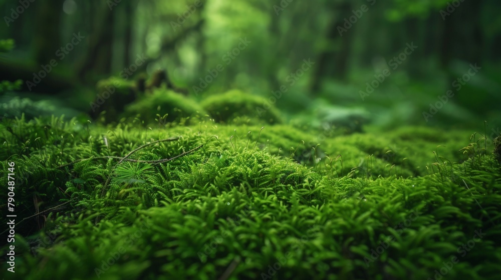 A serene forest scene with lush green moss and distant trees A serene forest scene with lush green moss and distant trees