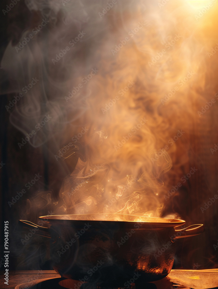 Close-up of steam from hot pot on flame, warm, inviting light, film stock , unique hyper-realistic illustrations Close-up of steam from hot pot on flame, warm, inviting light, film stock , unique hyper-realistic illustrations