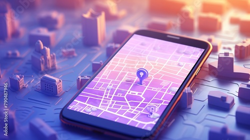 a map and phone with an aerial view of a city, in the style of light violet and light azure, rough-edged 2d animation, chinapunk, light white and light orange, blurry details photo