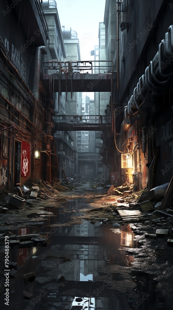 Capture the eerie essence of a dystopian world in traditional medium, blending street art elements with advanced nanotechnology in a gritty urban exploration scene