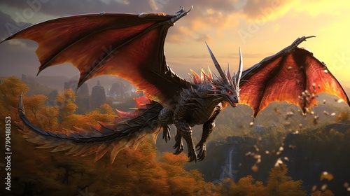 Capture a majestic dragon soaring over a mystical forest during sunset, emphasizing the vibrant colors of the sky and showcasing intricate details of the creatures scales in photorealistic digital ren photo