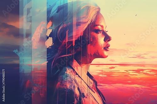 Capture a surreal scene of a traveler at a tilted angle, facing their inner fears manifested as surreal elements in a psychedelic color palette using digital glitch art photo