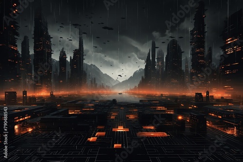 Illustrate a dark, futuristic cityscape from a drones perspective, emphasizing intricate horror details with a pixel art digital rendering technique Infuse luxury elements subtly to create a stark con