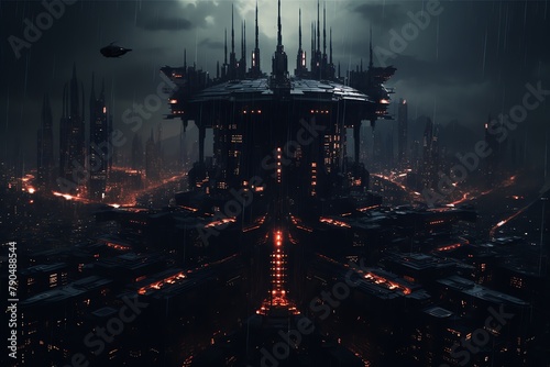 Illustrate a dark, futuristic cityscape from a drones perspective, emphasizing intricate horror details with a pixel art digital rendering technique Infuse luxury elements subtly to create a stark con photo