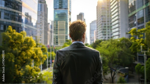 a Businessman is standing while looking at the city.AI generated image