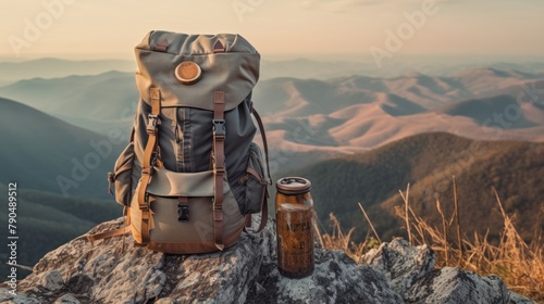 backpack and hat on the top of a rocky mountain at sunset.AI generated image photo
