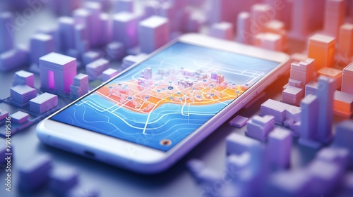 a map and phone with an aerial view of a city, in the style of light violet and light azure, rough-edged 2d animation, chinapunk, light white and light orange, blurry details