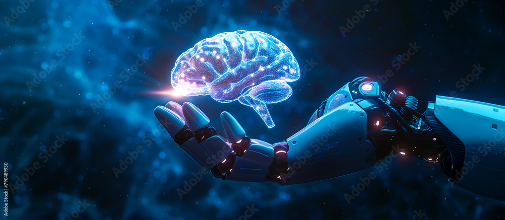 A robotic hand gently cradles a glowing brain with the shimmering ...