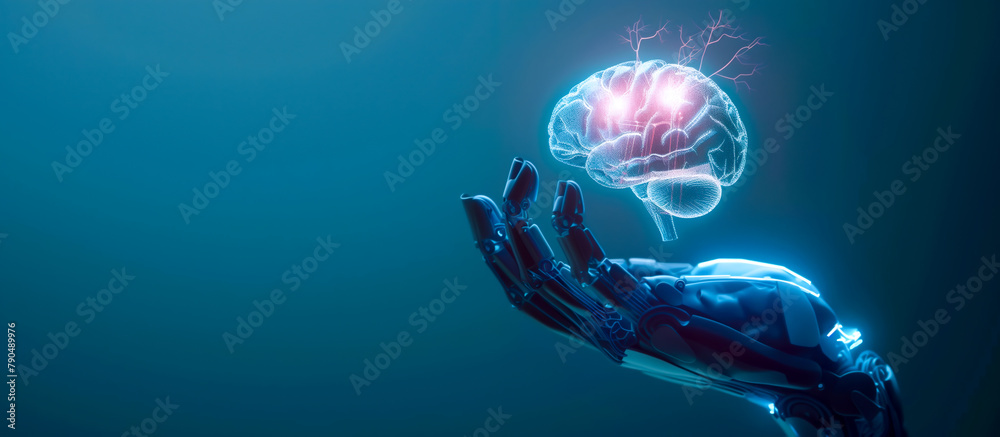 A robotic hand gently cradles a glowing brain with the shimmering neural network. The fusion of human intelligence with artificial intelligence. Generative AI. A robotic hand gently cradles a glowing brain with the shimmering neural network. The fusion of human intelligence with artificial intelligence. Generative AI.