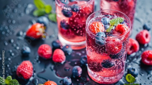 Two glasses of infused water with mixed berries and fresh mint