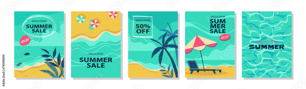 Obraz premium Summer sale banners and posters. Vector illustrations for web and social media banners, print material, newsletters, coupons, and marketing. illustration set.