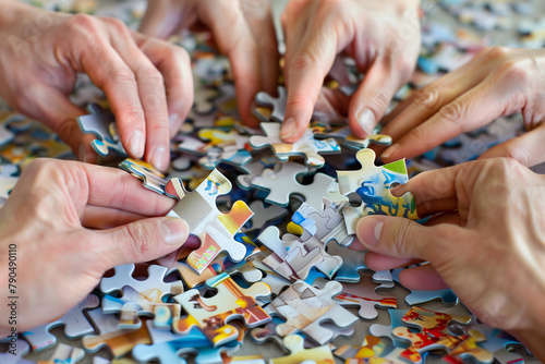 Hands join puzzle pieces, putting the jigsaws team together