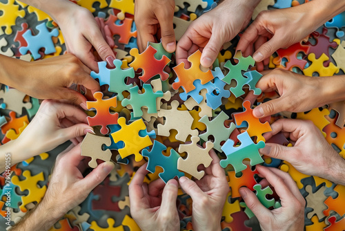 Hands join puzzle pieces, putting the jigsaws team together