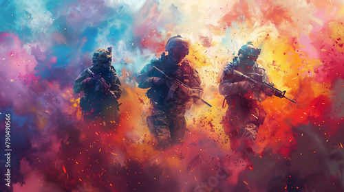 Abstract Artistic Interpretation of Soldiers in Combat with Explosive Colors photo