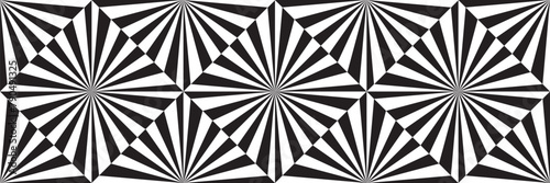 Seamless checkered pattern: rhombus and lines radiating from the center. Monochrome Optical Illusion. Vector illustration. 