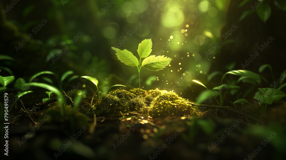Young Plant Sprouting with Magical Sparkling Seeds on a Forest Floor