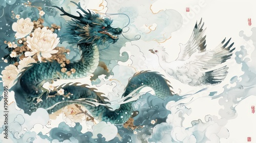 dragon and dove with some flowers and clouds on a white background, in the style of dark teal and light sky-blue, northern and southern dynasties,​ photo