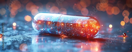 A glowing blue and orange pill on a wet surface with a blurred background of twinkling lights.