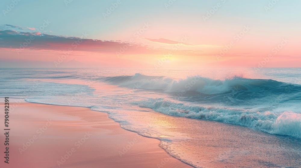 Soft-hued dawn over a serene beach, waves gently washing ashore under a pastel sunrise, creating a soothing natural ambiance