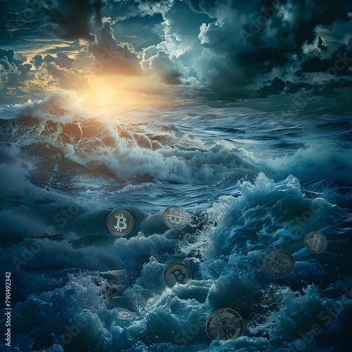 Stormy ocean with Bitcoin coins floating, surreal scene, morning light, side view