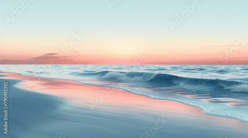 Serene seascape with gentle waves and a soft pink sunrise, capturing the tranquil beauty of the beach at dawn