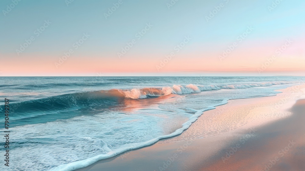 Pastel-toned beachscape reflecting the soft hues of sunrise, with rolling waves gently caressing the sandy shore