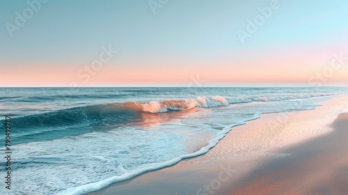 Pastel-toned beachscape reflecting the soft hues of sunrise, with rolling waves gently caressing the sandy shore © Picza Booth