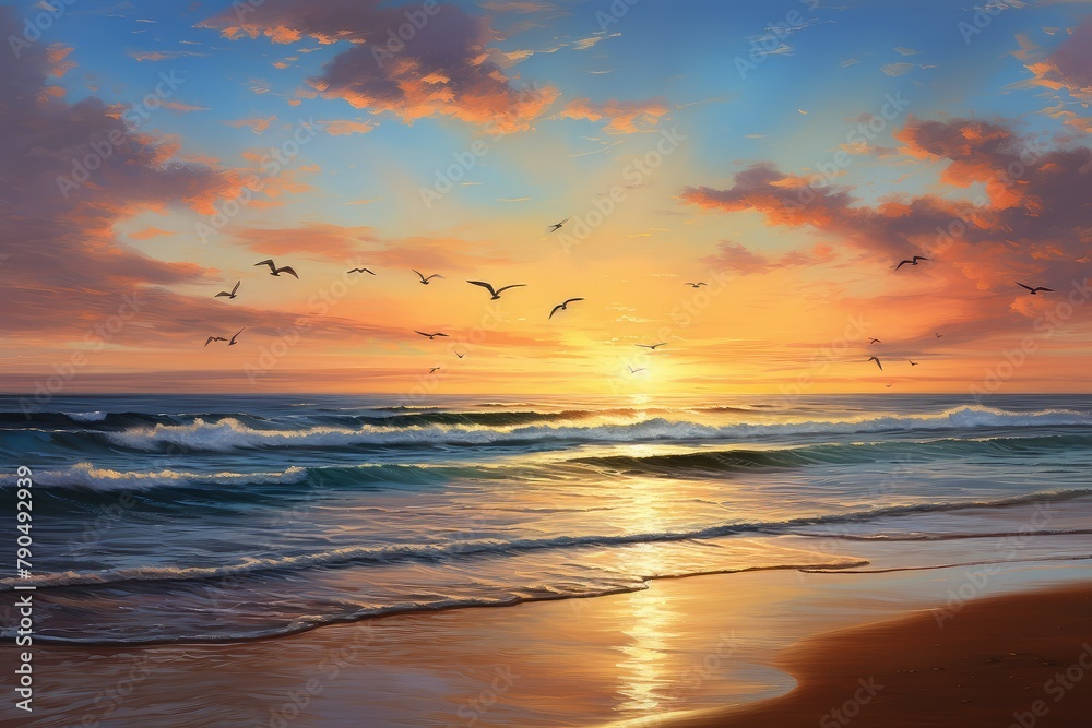 A painting depicting a flock of birds soaring over the ocean as the sun sets, casting a warm glow on the water. Generative AI