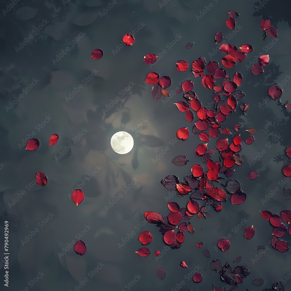 Flower petals floating on a moonlit pond, mystical night, top-down view Flower petals floating on a moonlit pond, mystical night, top-down view