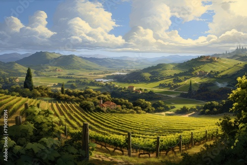 A painting depicting a vineyard nestled in the rolling hills  showcasing lush green fields and grapevines stretching across the landscape. Generative AI