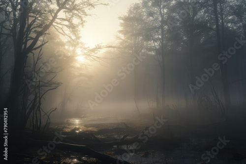 Sunlight filters through dense fog in a forest  creating a mystical and atmospheric scene. Generative AI