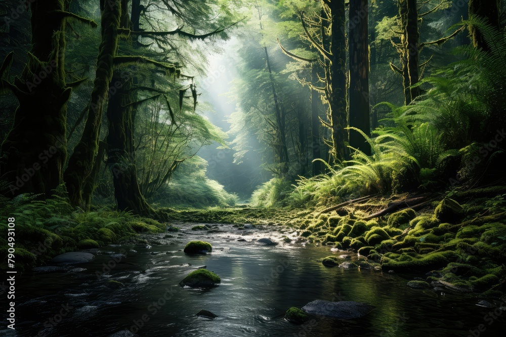 A stream meanders through a dense, verdant forest under the morning sunlight. Generative AI