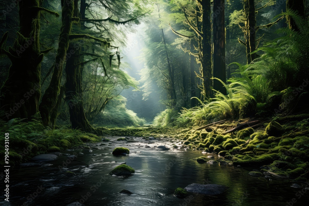A stream meanders through a dense, verdant forest under the morning sunlight. Generative AI A stream meanders through a dense, verdant forest under the morning sunlight. Generative AI