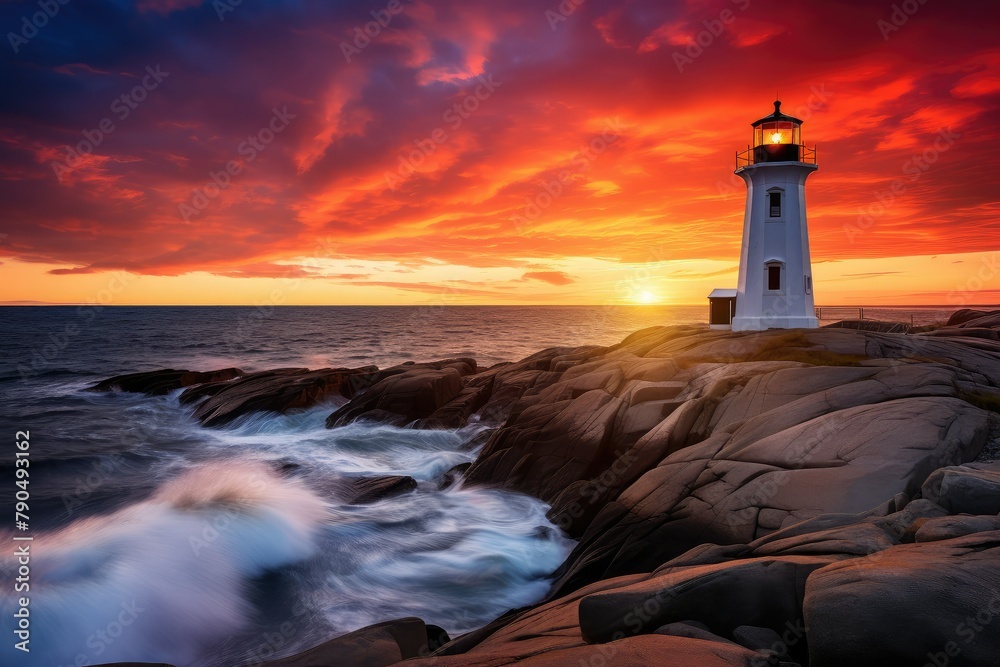 A lighthouse stands tall on a rocky shore overlooking the ocean at sunset. Generative AI