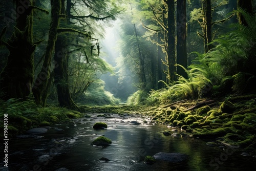 A stream meanders through a dense, verdant forest under the morning sunlight. Generative AI