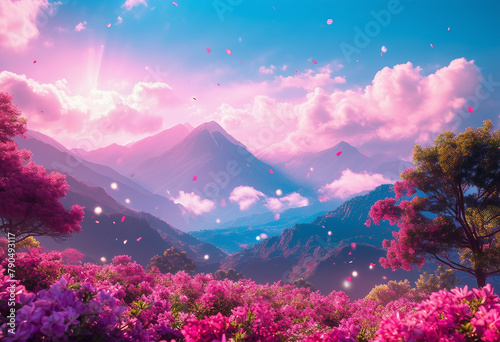 A colorful landscape with trees and pink mountains in the background with a blue sky flowers floatin photo