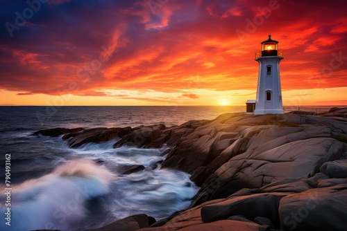 A lighthouse stands tall on a rocky shore overlooking the ocean at sunset. Generative AI